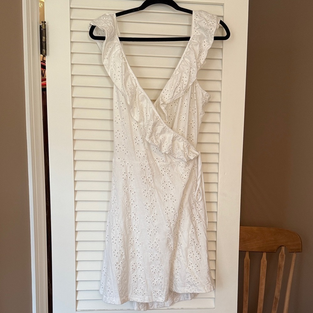 ASOS White Eyelet Wrap Dress – Size 12 – Ruffle Sleeves, Open Back Tie